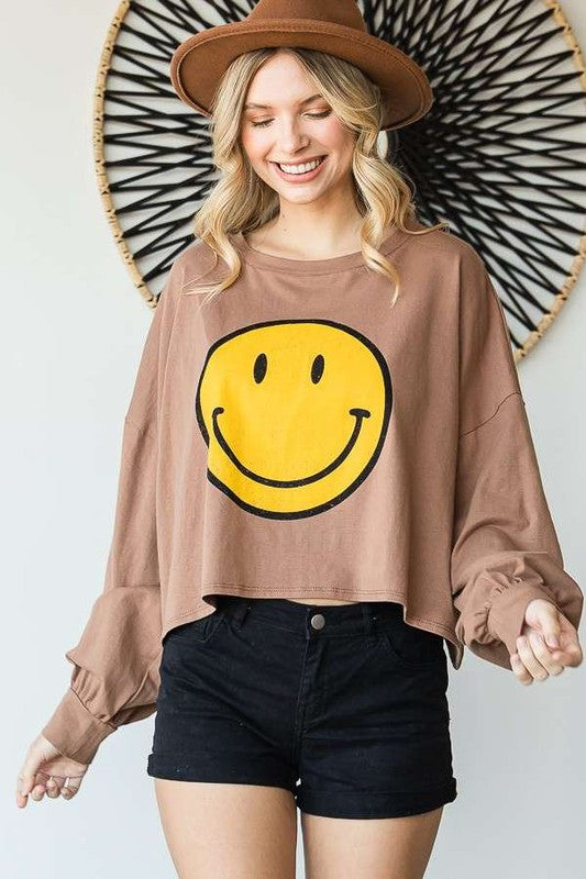Smiley Face Long Sleeve Crop Top | Available in 4 Colors